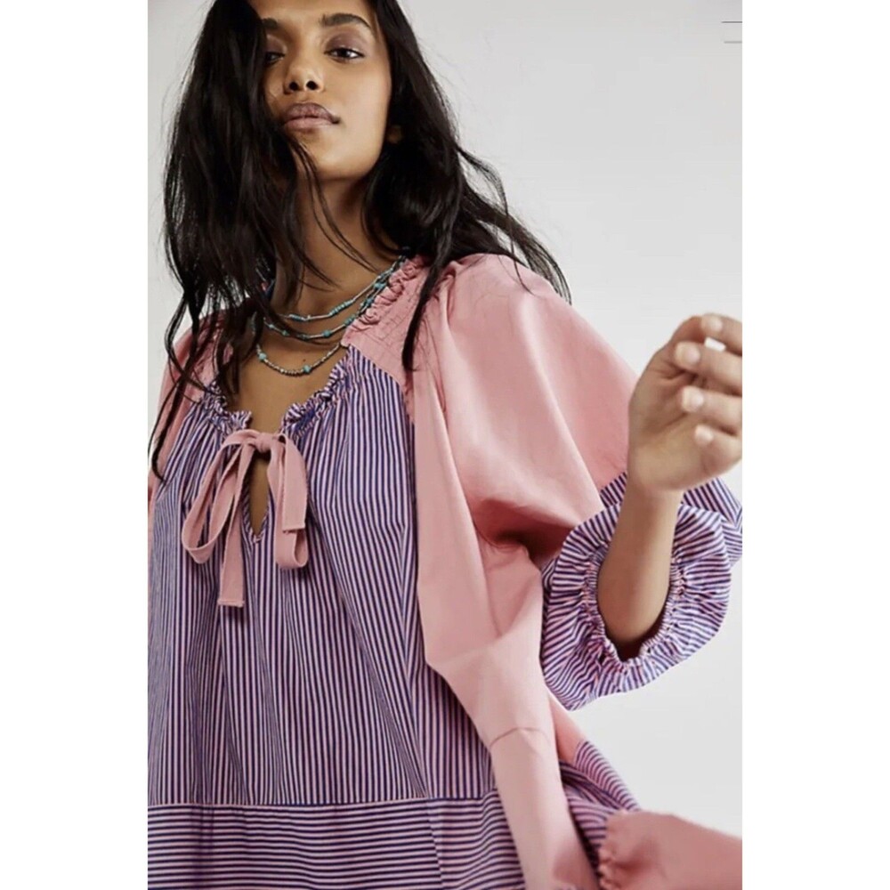 Free People Keegan Oversize Tunic Dress Mix Stripe Pink Blue Swing Ruffle Size S - Picture 4 of 10